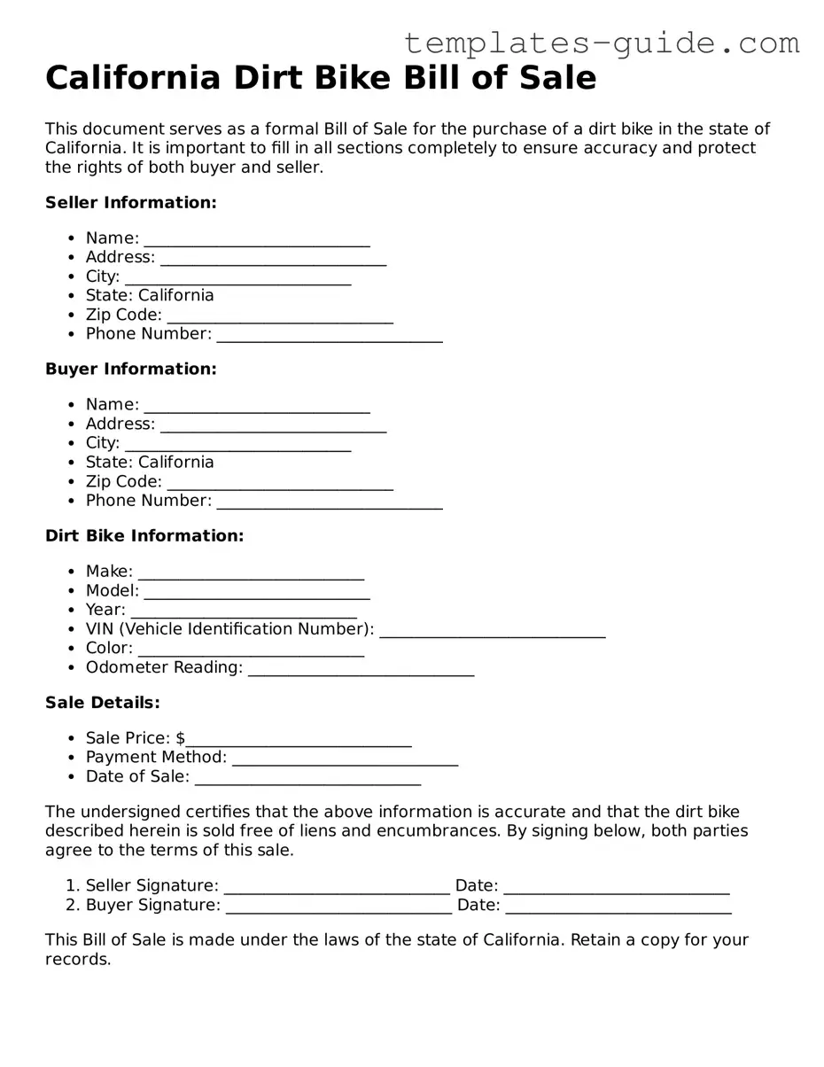Free  Dirt Bike Bill of Sale Form for California