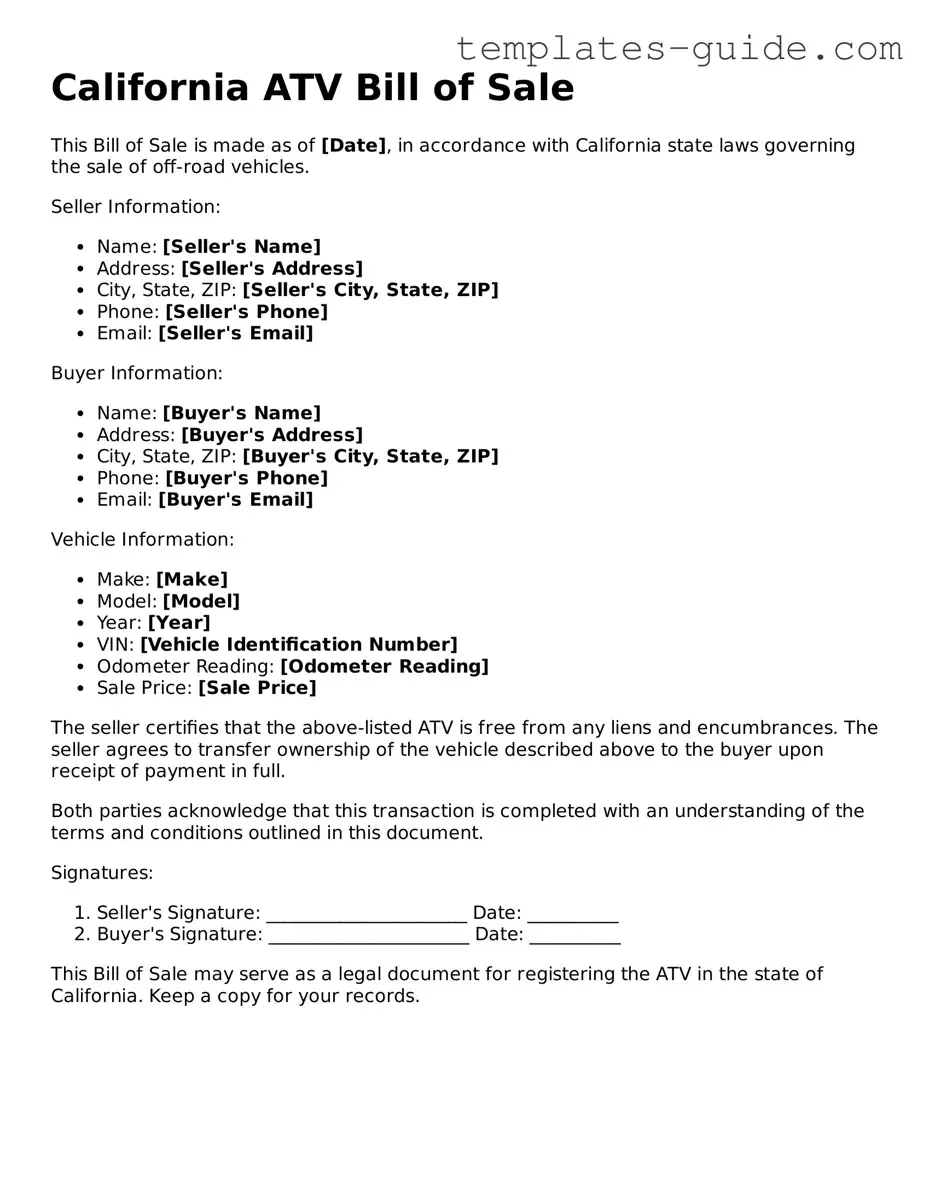 Free  ATV Bill of Sale Form for California