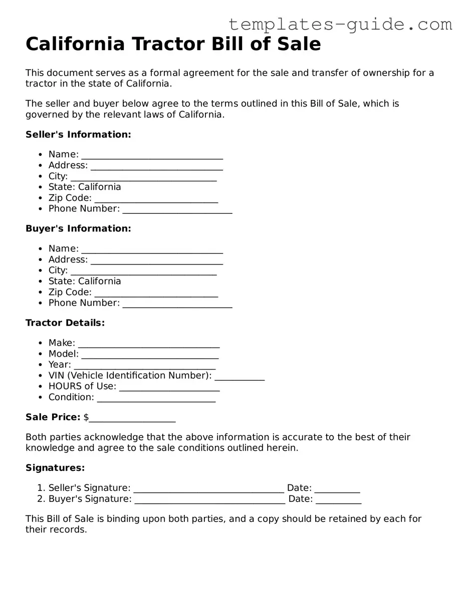 Free  Tractor Bill of Sale Form for California