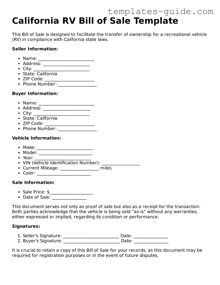 Free  RV Bill of Sale Form for California