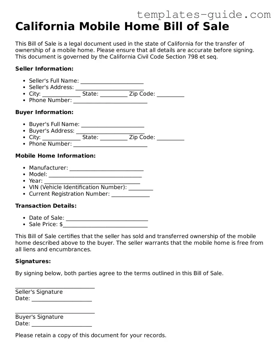 Free  Mobile Home Bill of Sale Form for California