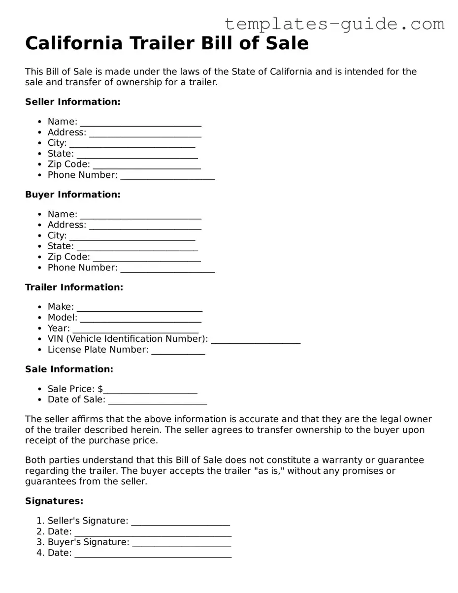 Free  Trailer Bill of Sale Form for California