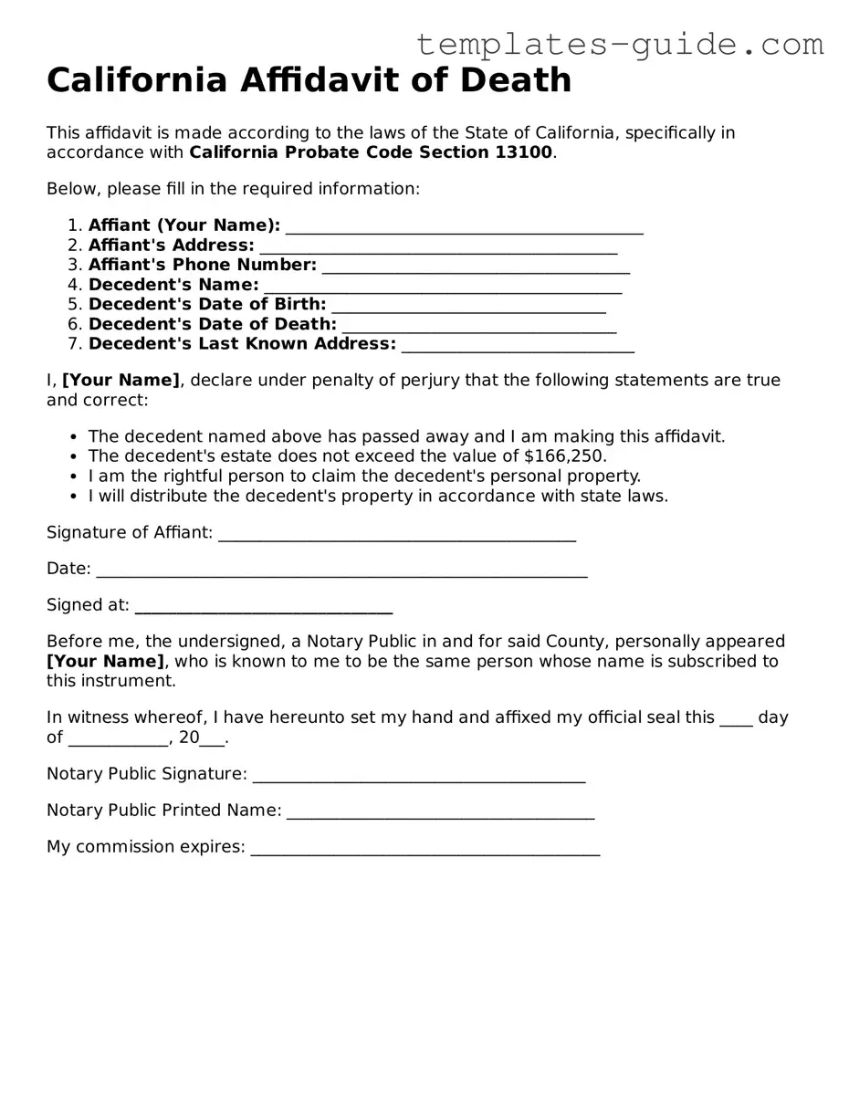 Free  Affidavit of Death Form for California