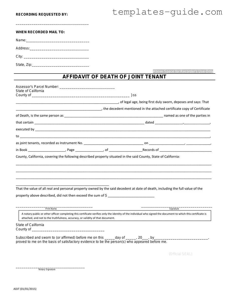 Fill Out a Valid California Death of a Joint Tenant Affidavit Template
