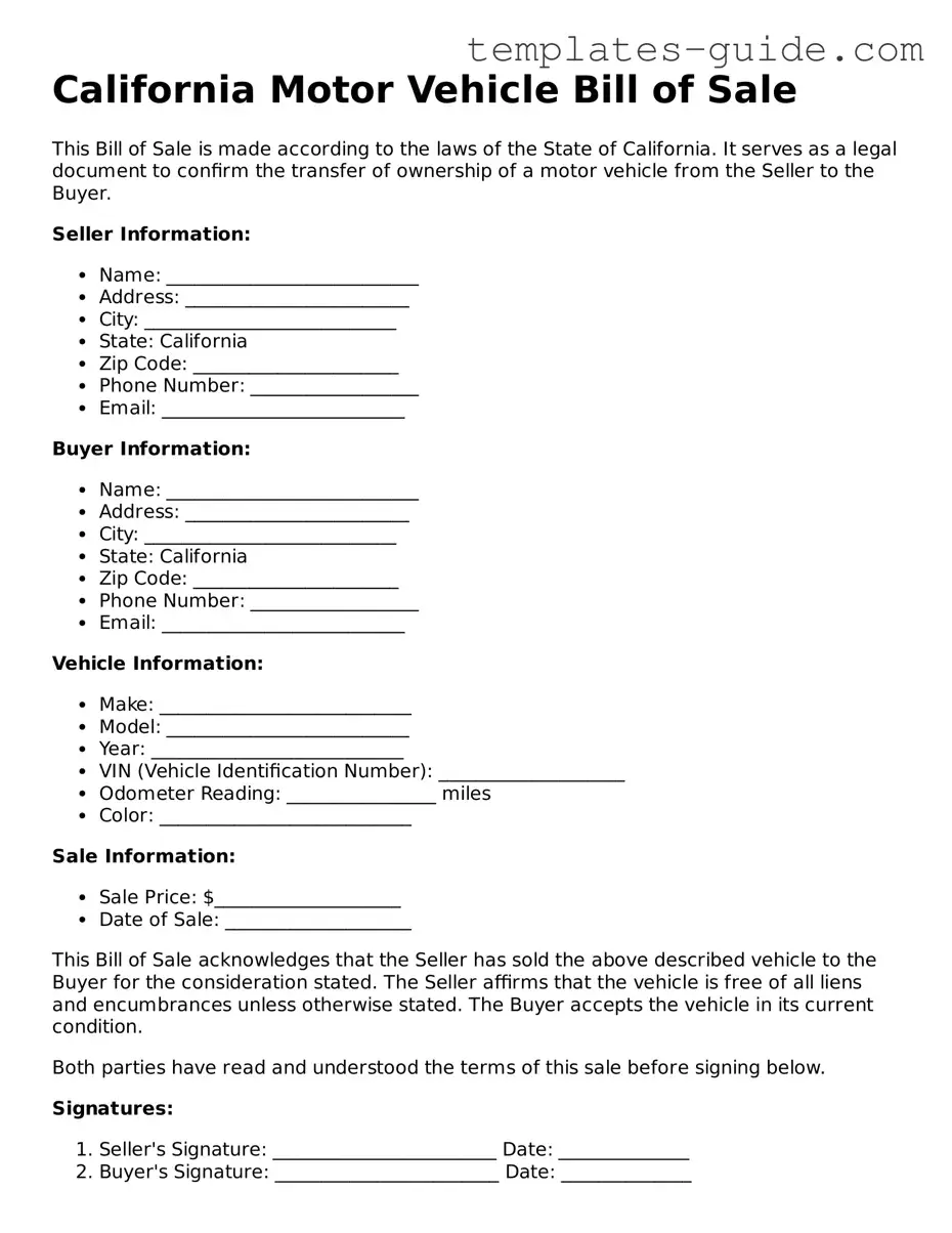Free  Motor Vehicle Bill of Sale Form for California