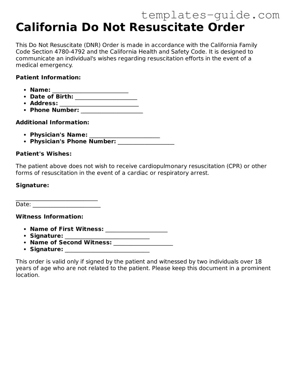 Free  Do Not Resuscitate Order Form for California