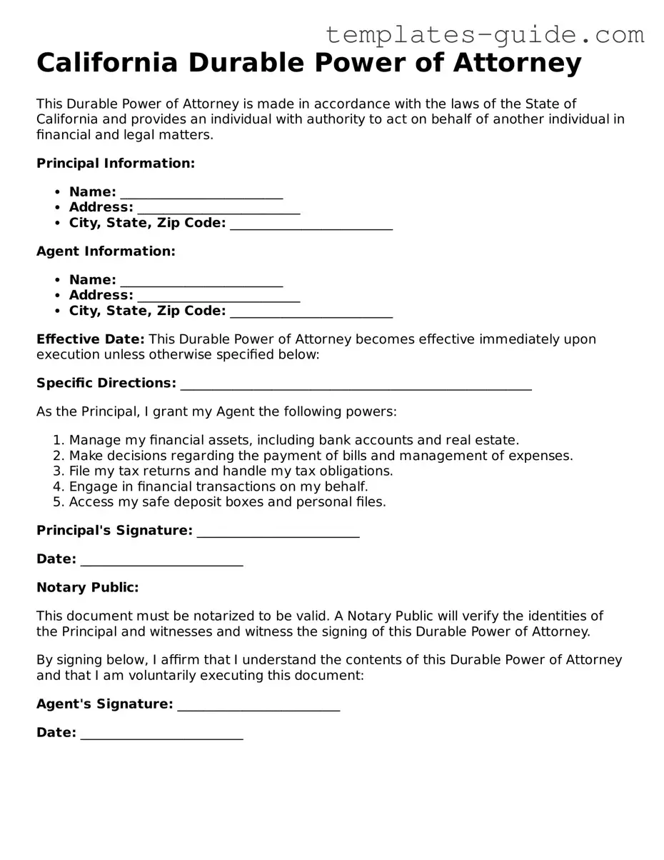 Free  Durable Power of Attorney Form for California