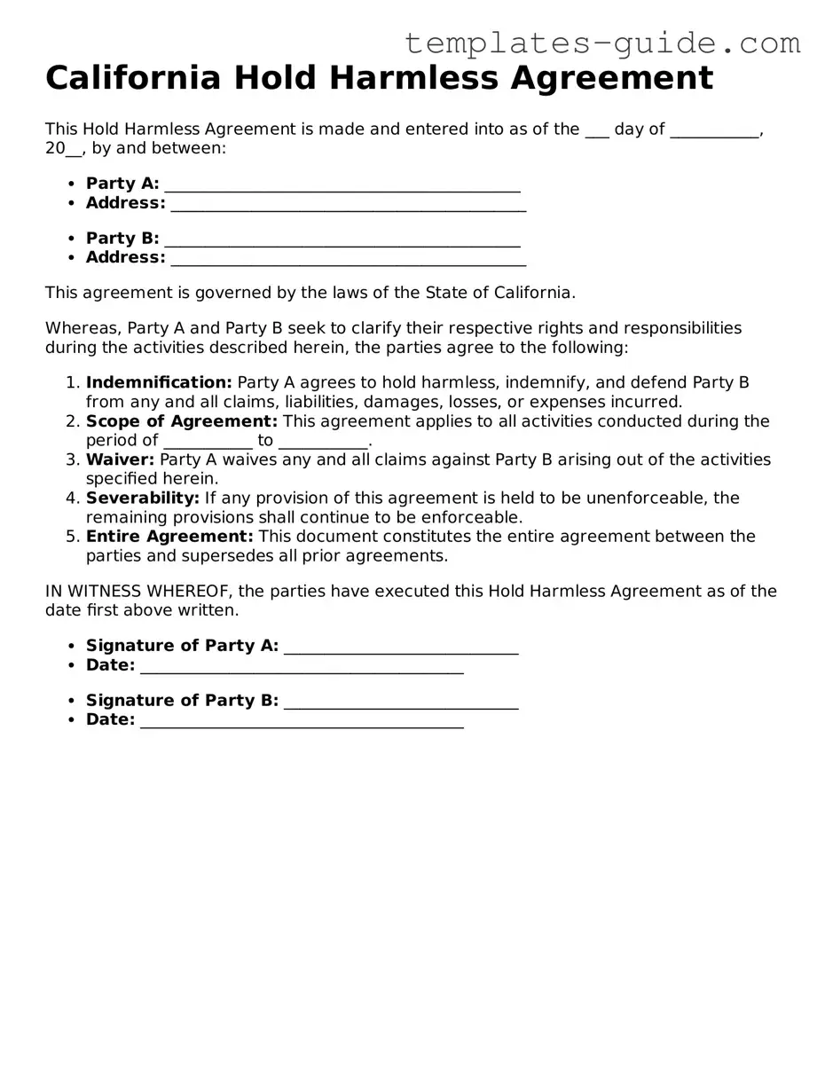 Free  Hold Harmless Agreement Form for California