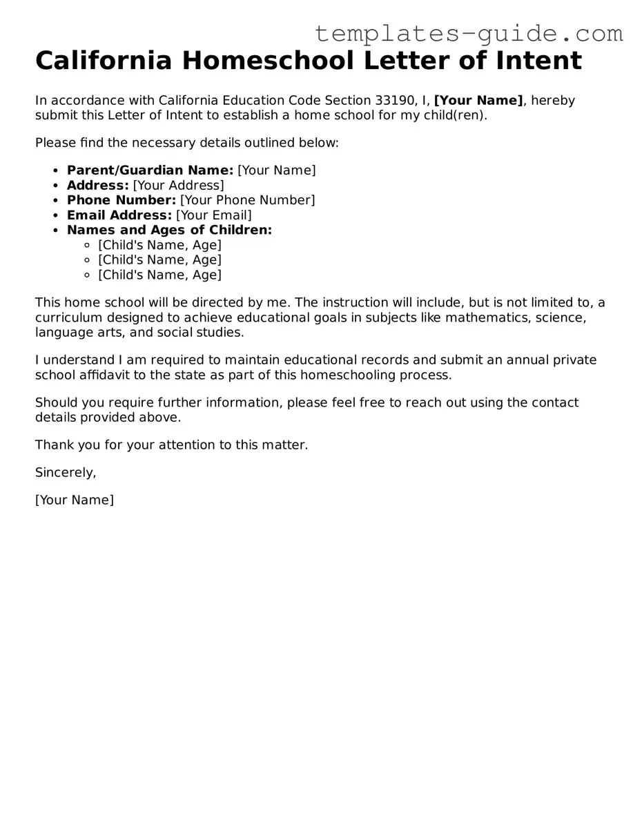 Free  Homeschool Letter of Intent Form for California
