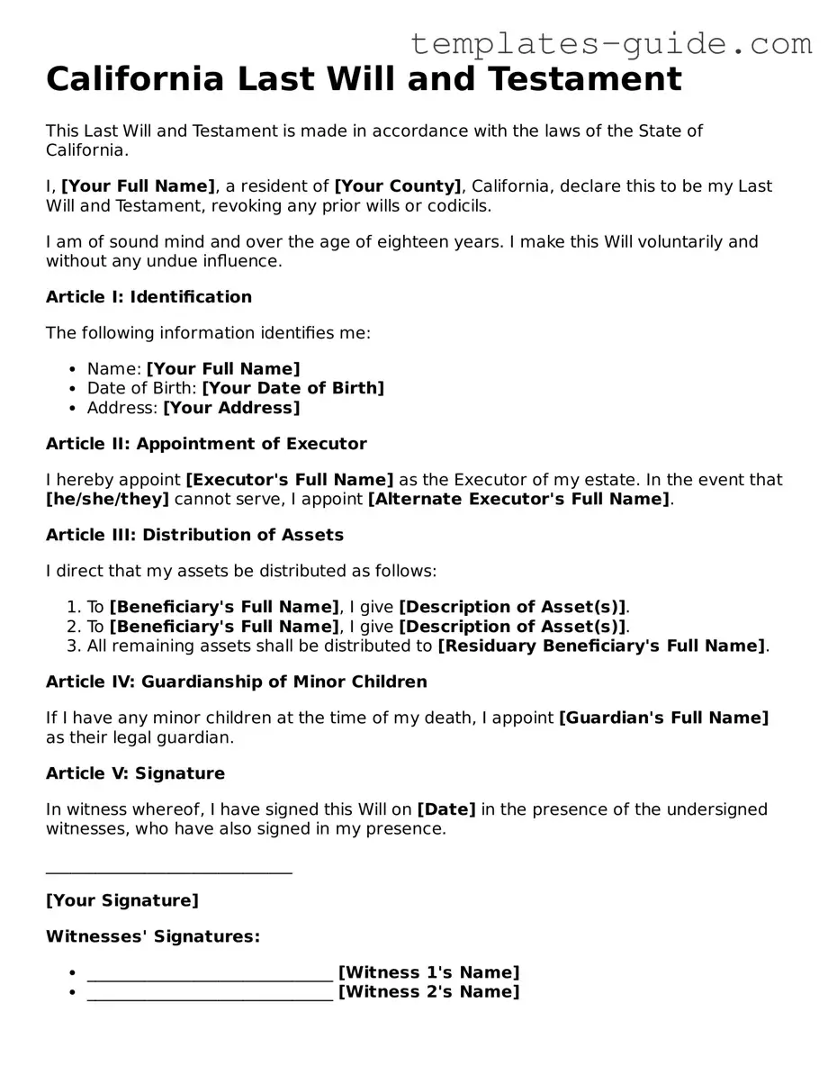 Free  Last Will and Testament Form for California