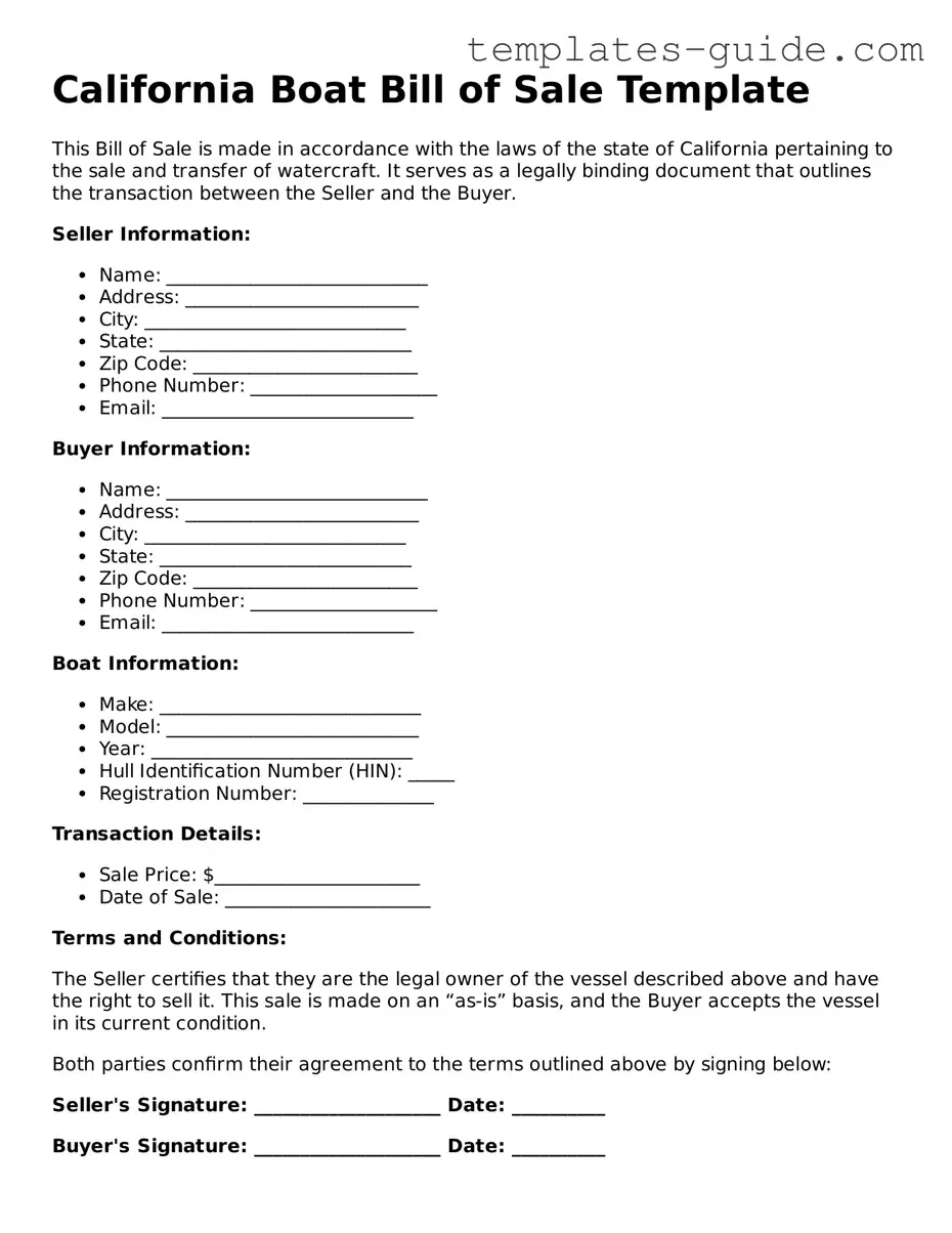 Free  Boat Bill of Sale Form for California