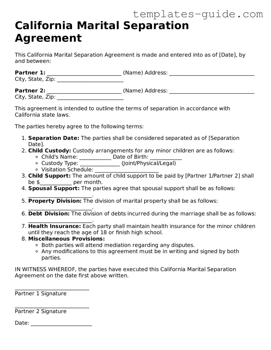 Free  Marital Separation Agreement Form for California