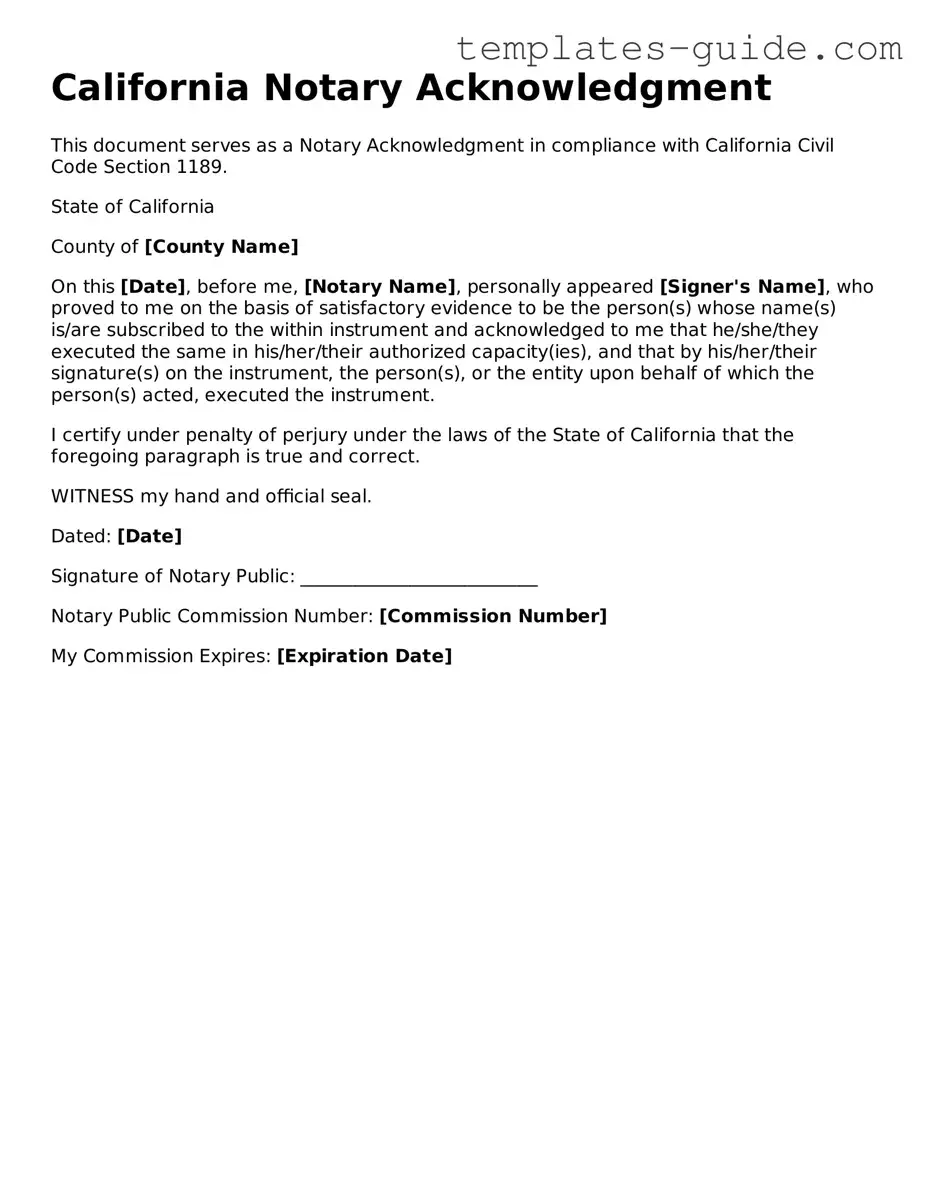 Free  Notary Acknowledgement Form for California