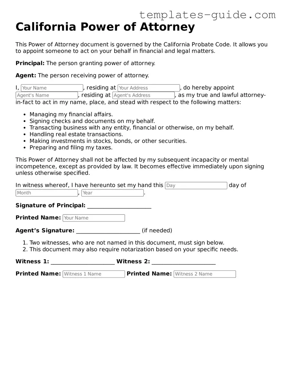 Free  Power of Attorney Form for California