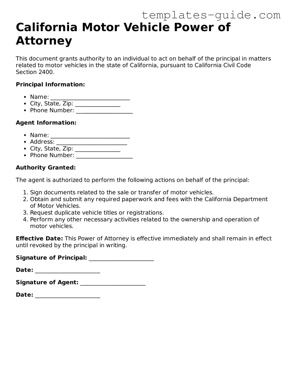 Free  Motor Vehicle Power of Attorney Form for California