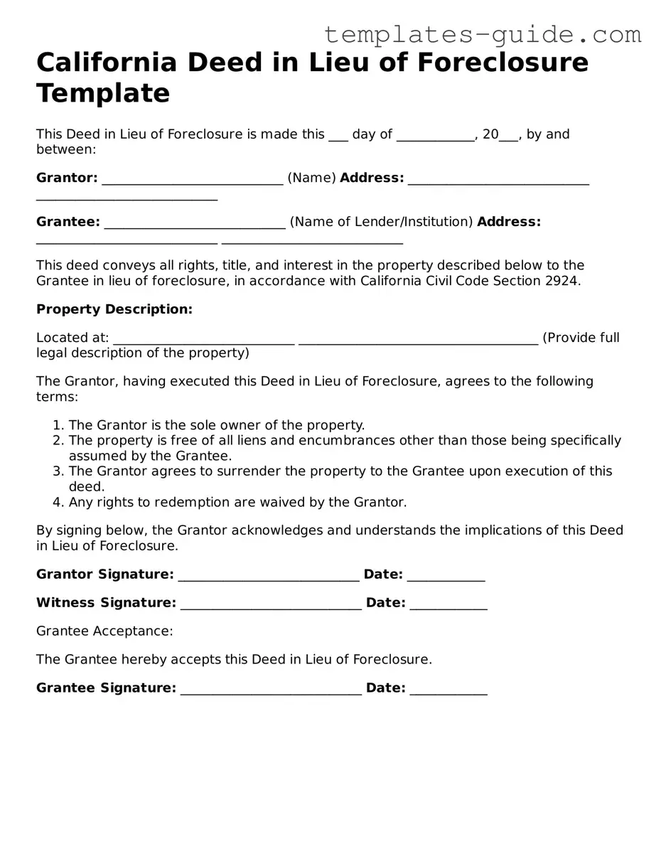 Free  Deed in Lieu of Foreclosure Form for California