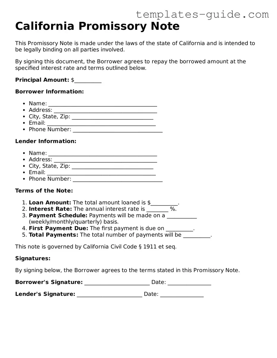 Free  Promissory Note Form for California