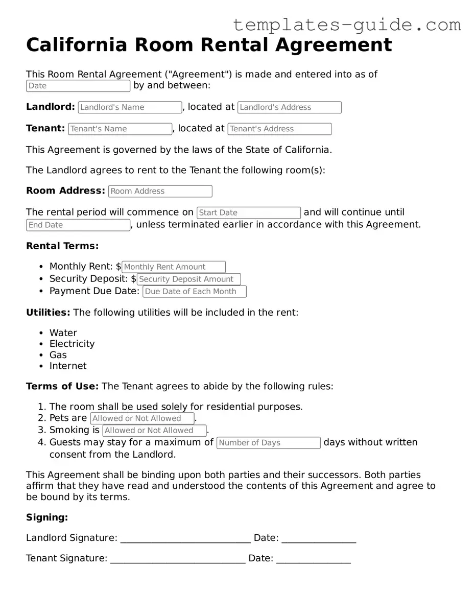 Free  Room Rental Agreement Form for California