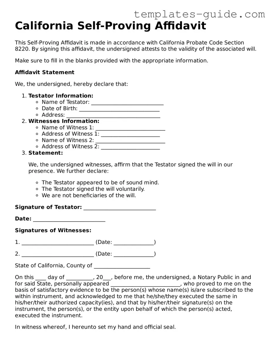 Free  Self-Proving Affidavit Form for California