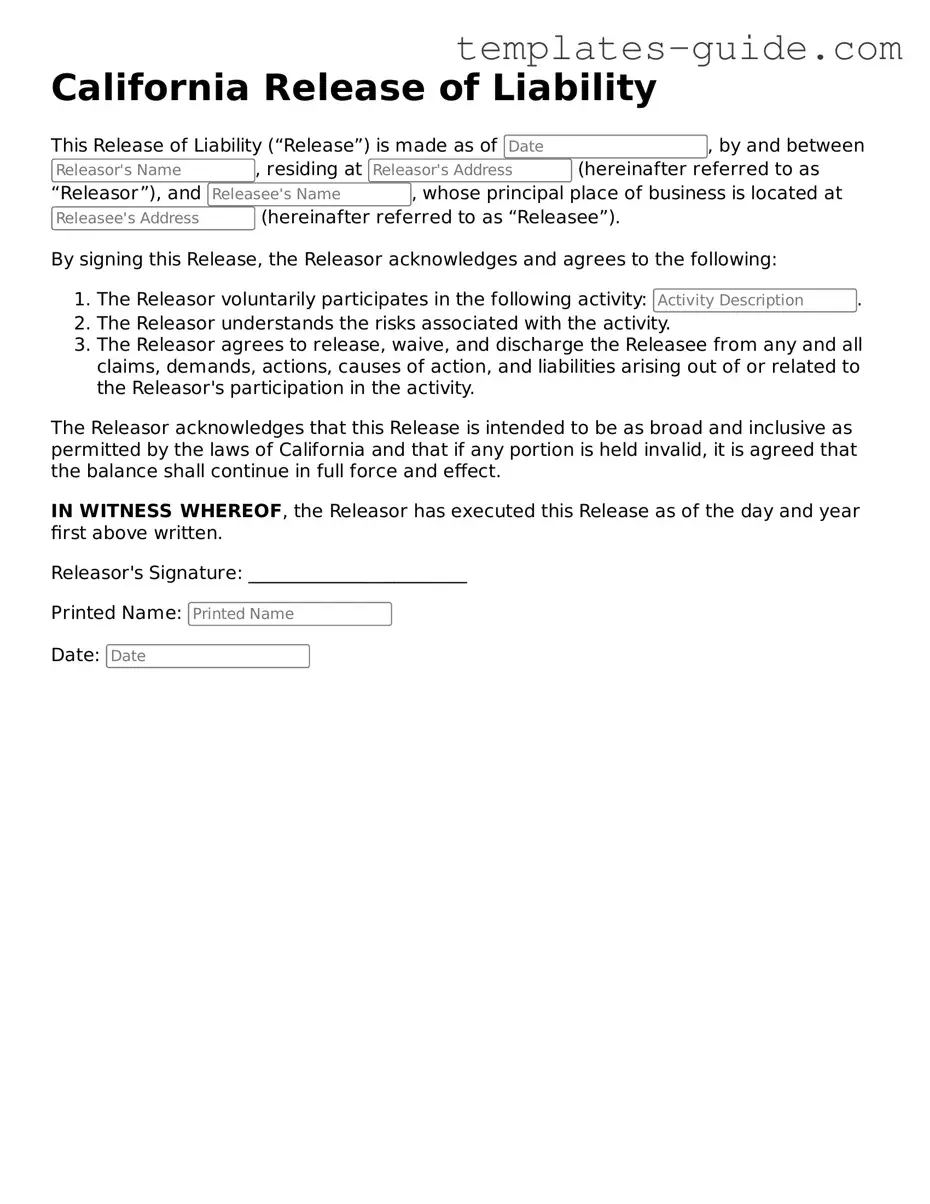 Free  Release of Liability Form for California