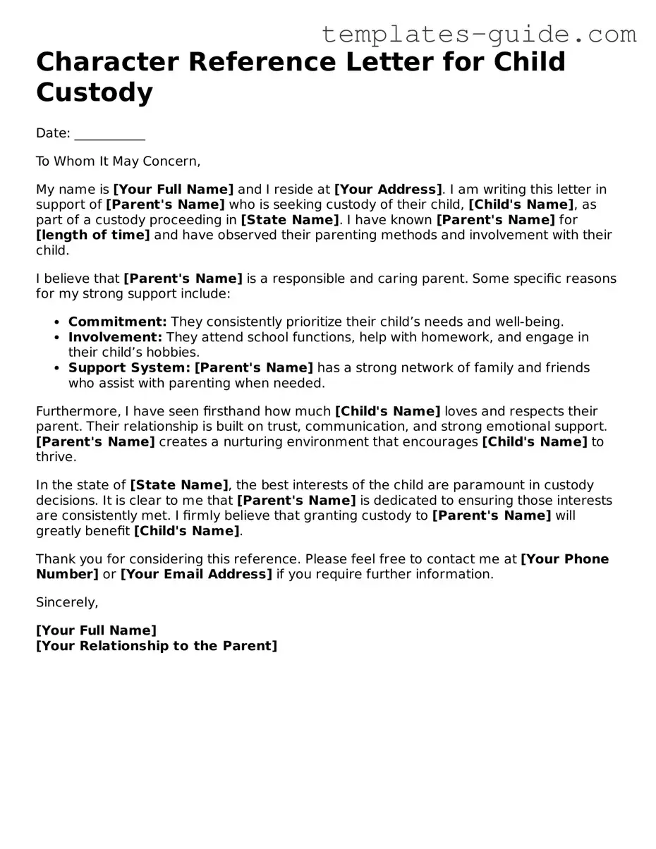 Character Reference Letter for Child Custody Template