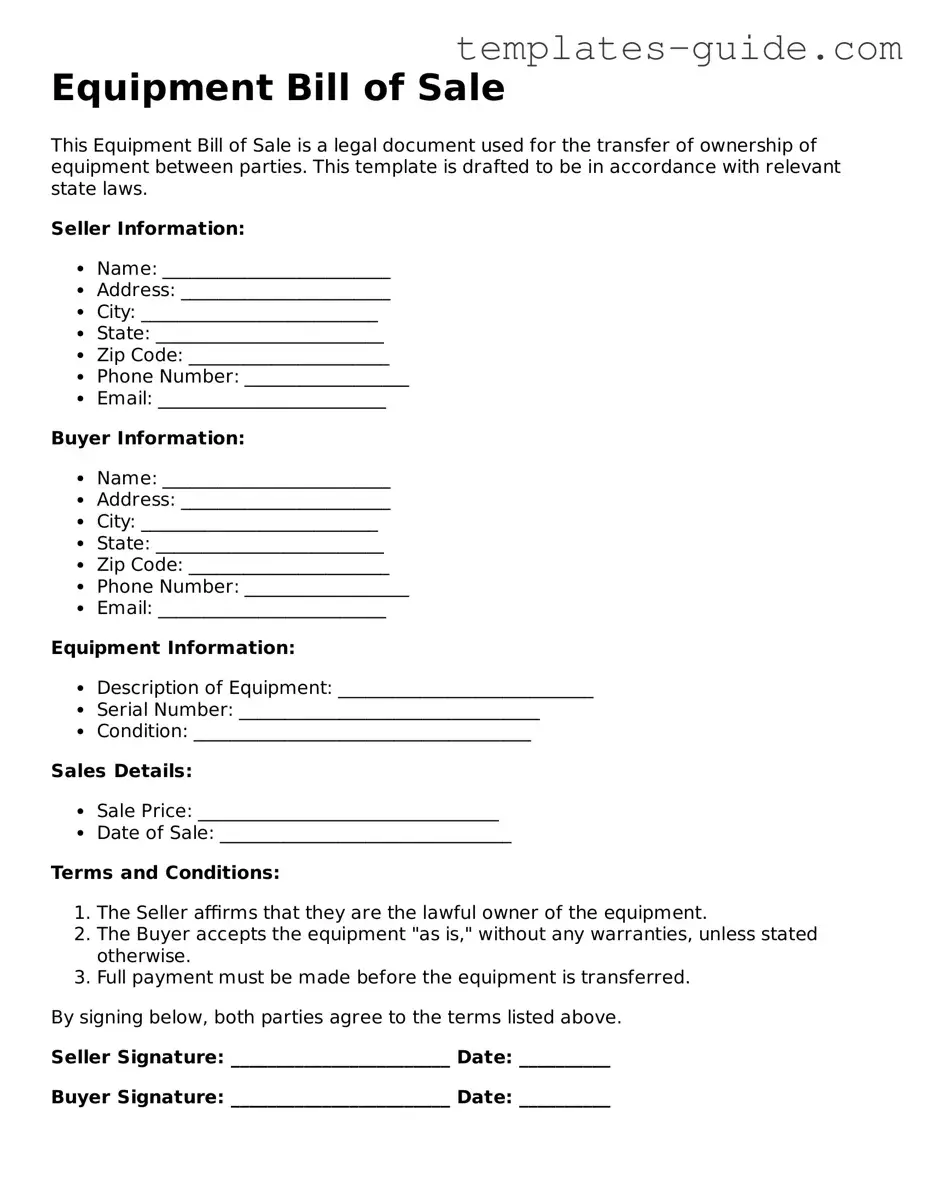 Equipment Bill of Sale Template