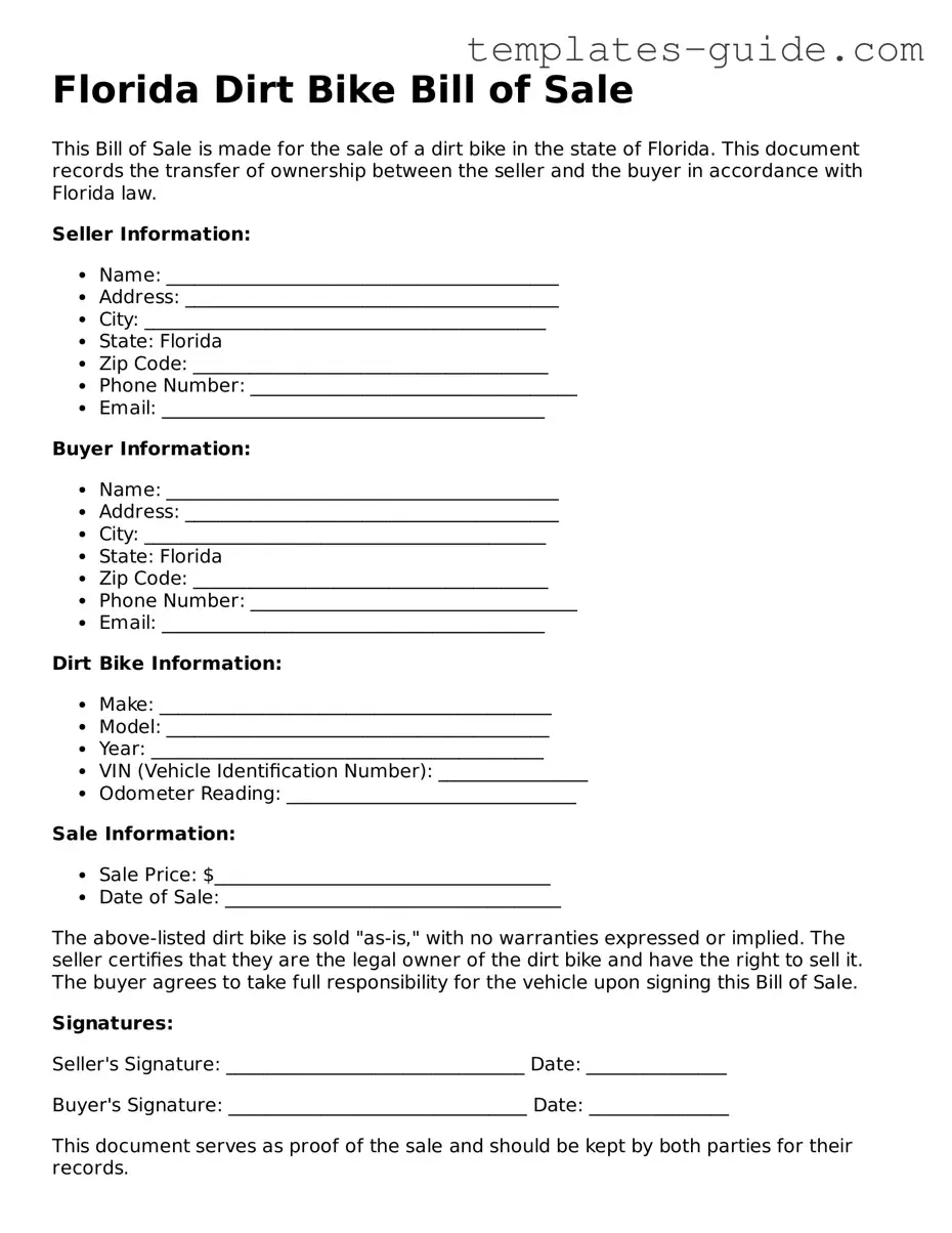 Free  Dirt Bike Bill of Sale Form for Florida