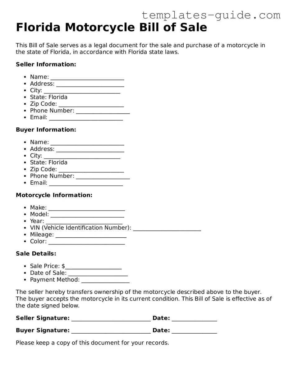 Free  Motorcycle Bill of Sale Form for Florida