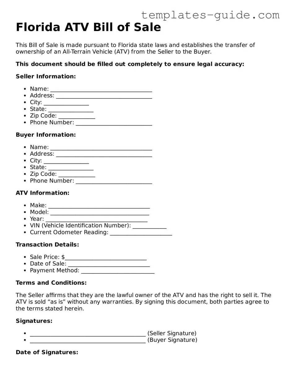 Free  ATV Bill of Sale Form for Florida