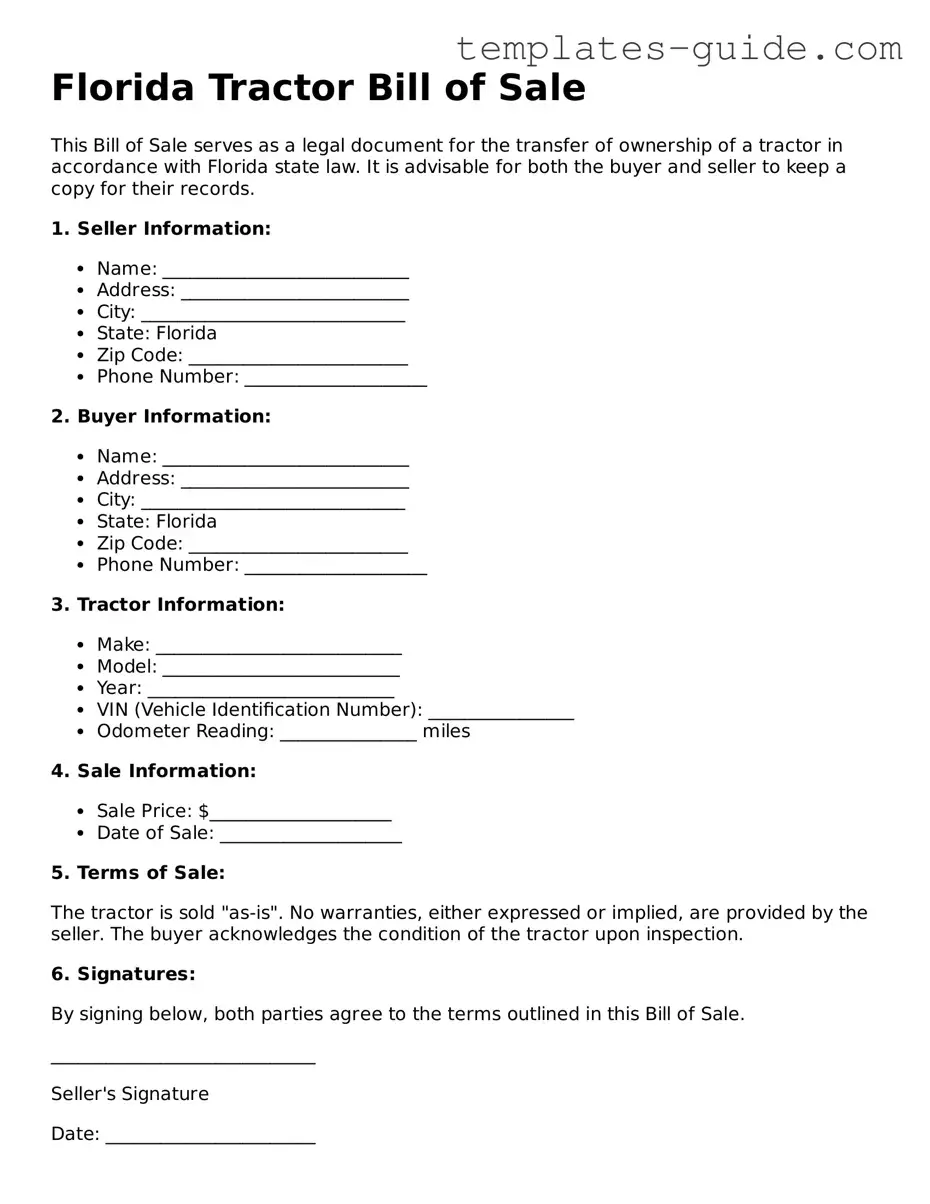 Free  Tractor Bill of Sale Form for Florida