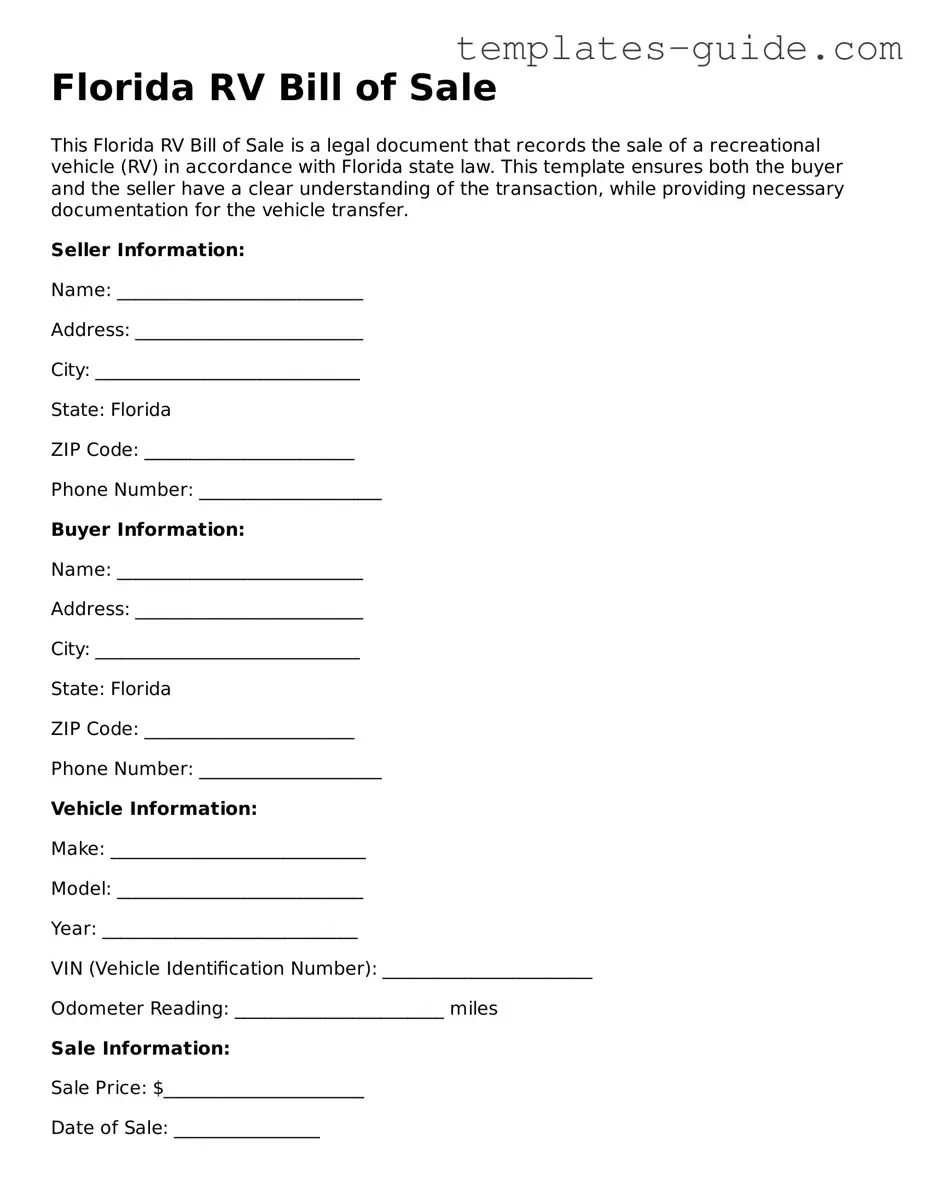 Free  RV Bill of Sale Form for Florida