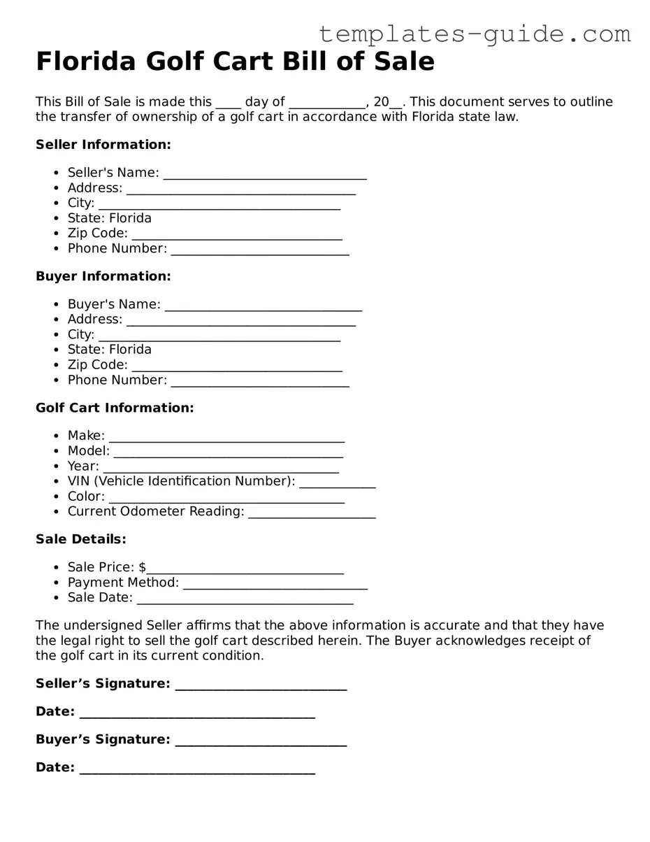 Free  Golf Cart Bill of Sale Form for Florida