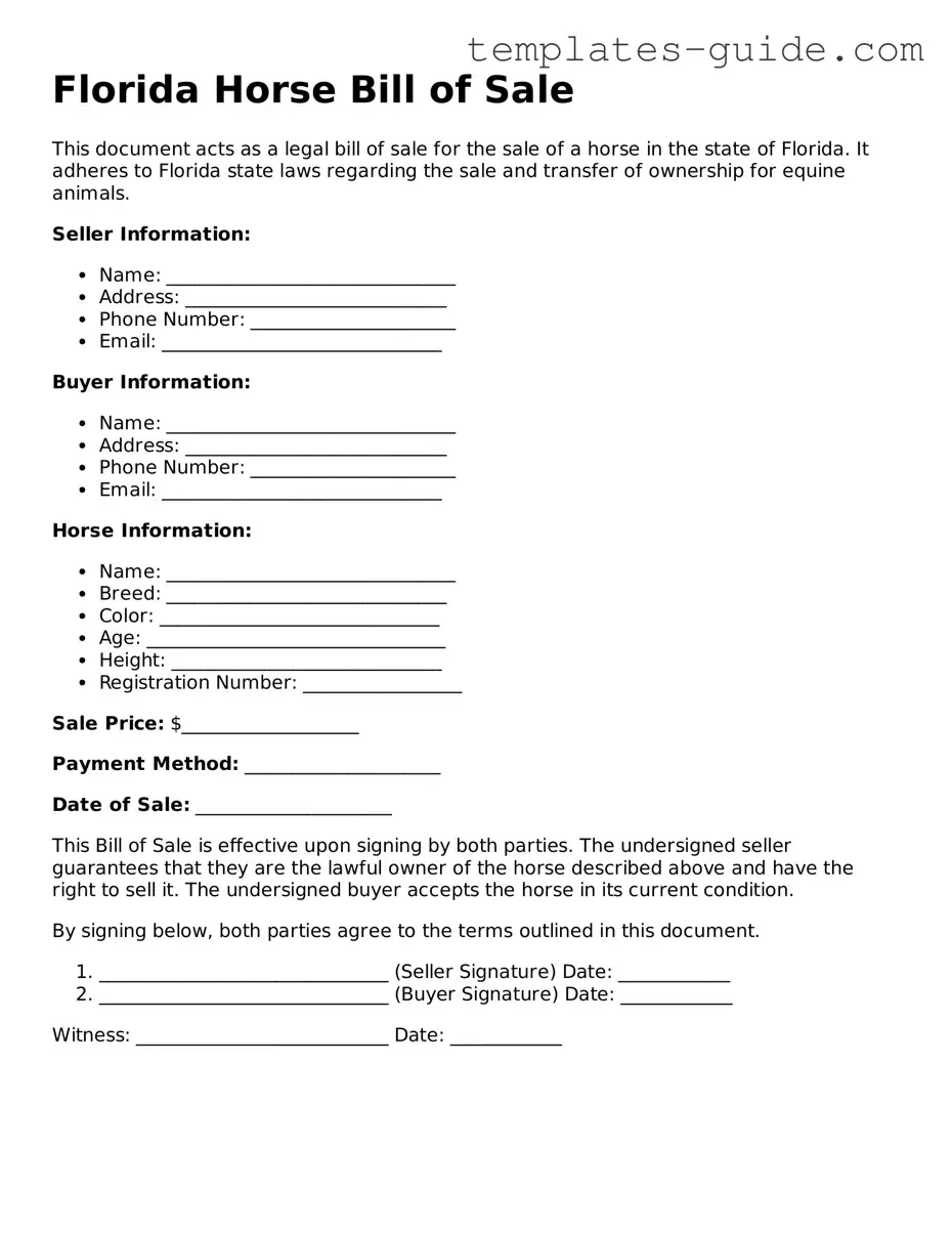 Free  Horse Bill of Sale Form for Florida
