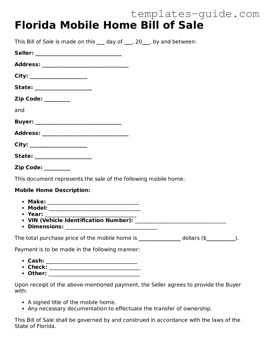 Free  Mobile Home Bill of Sale Form for Florida