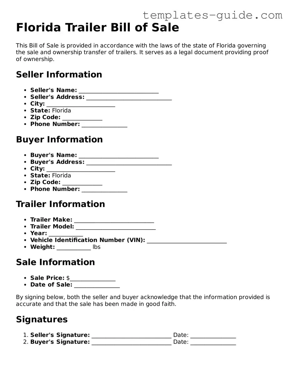 Free  Trailer Bill of Sale Form for Florida