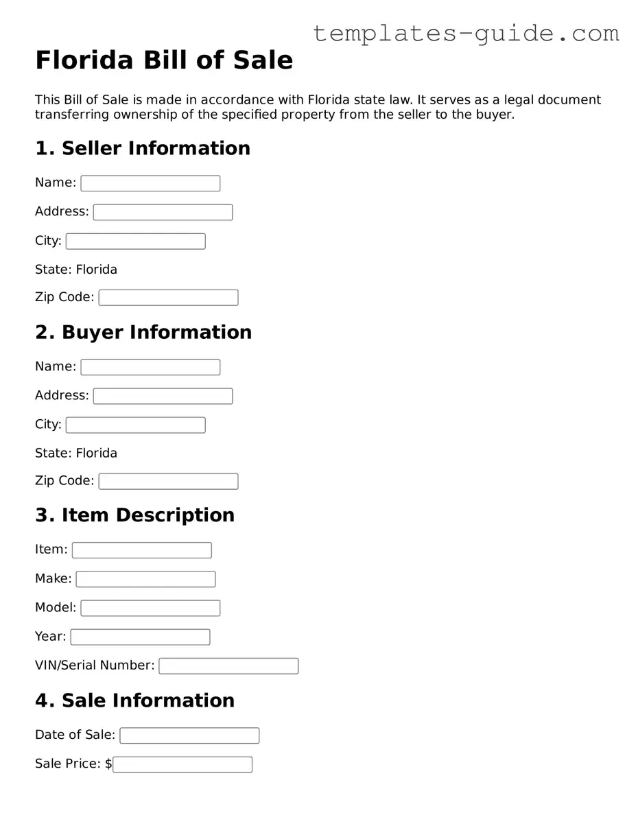 Free  Bill of Sale Form for Florida
