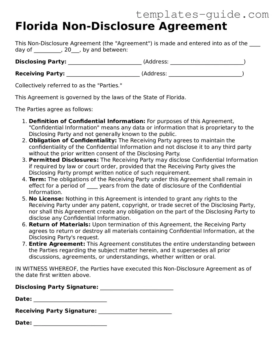 Free  Non-disclosure Agreement Form for Florida