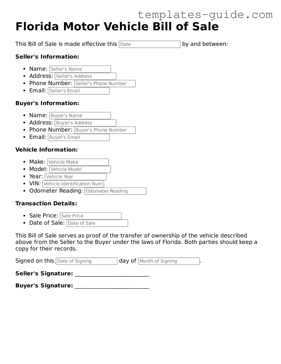 Free  Motor Vehicle Bill of Sale Form for Florida