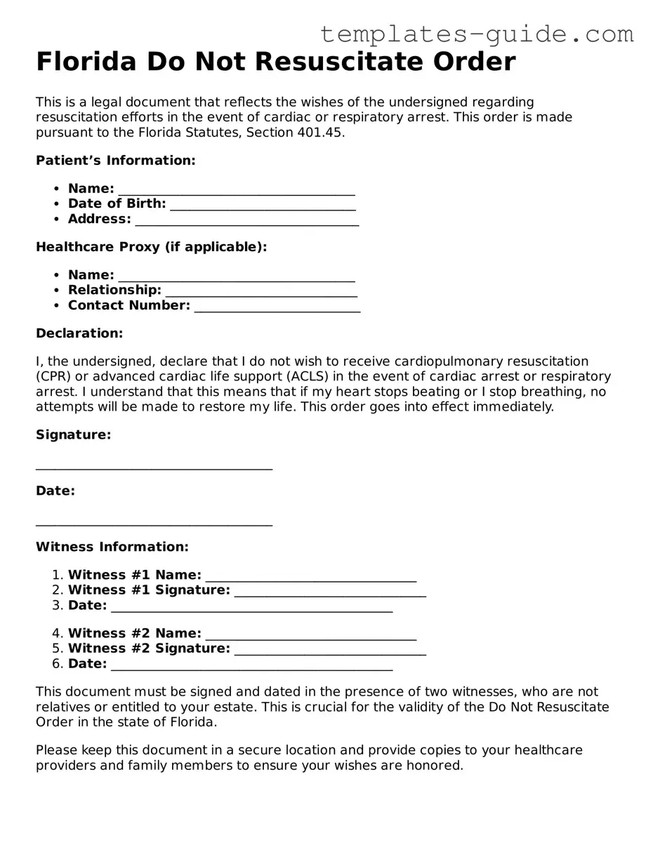 Free  Do Not Resuscitate Order Form for Florida