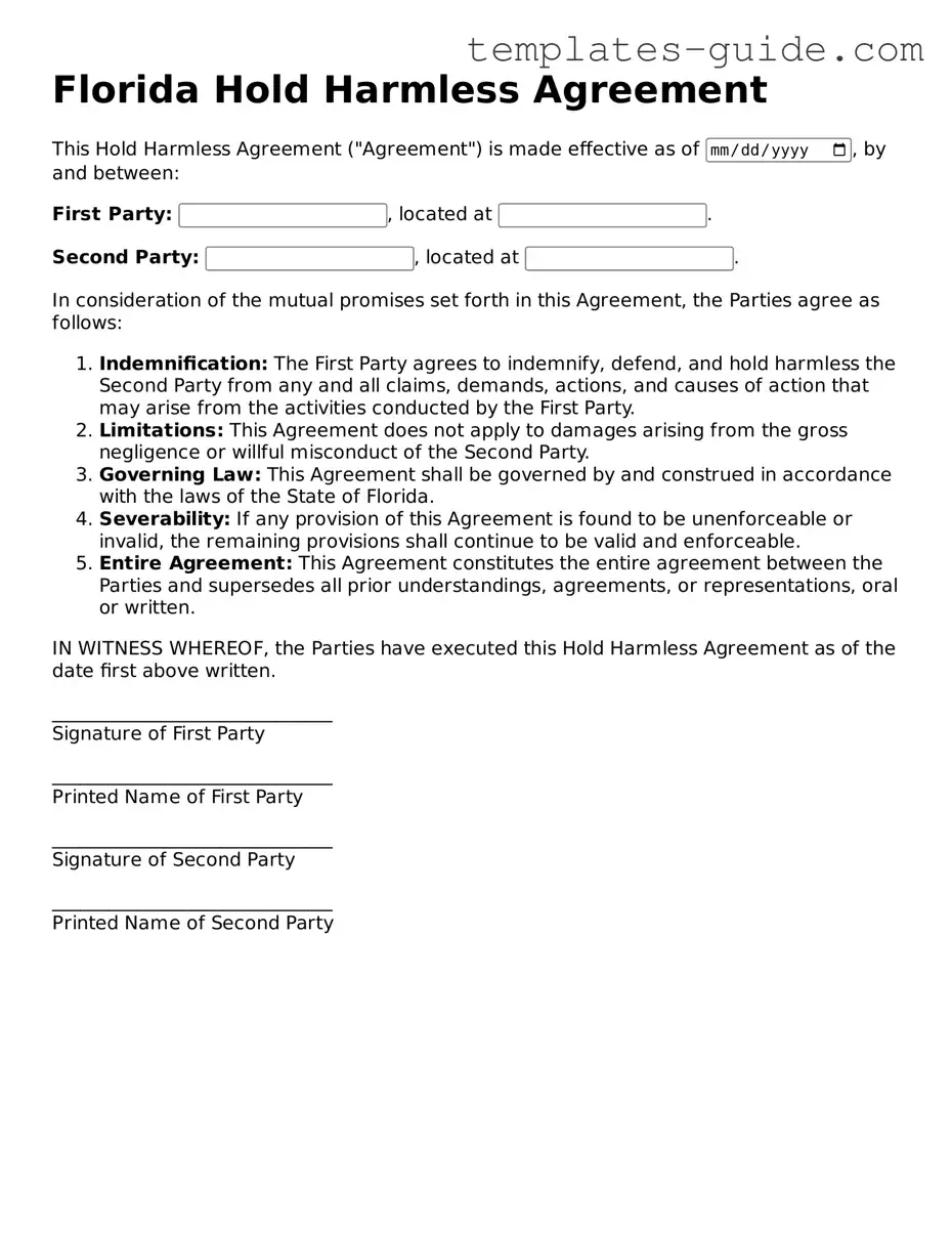 Free  Hold Harmless Agreement Form for Florida