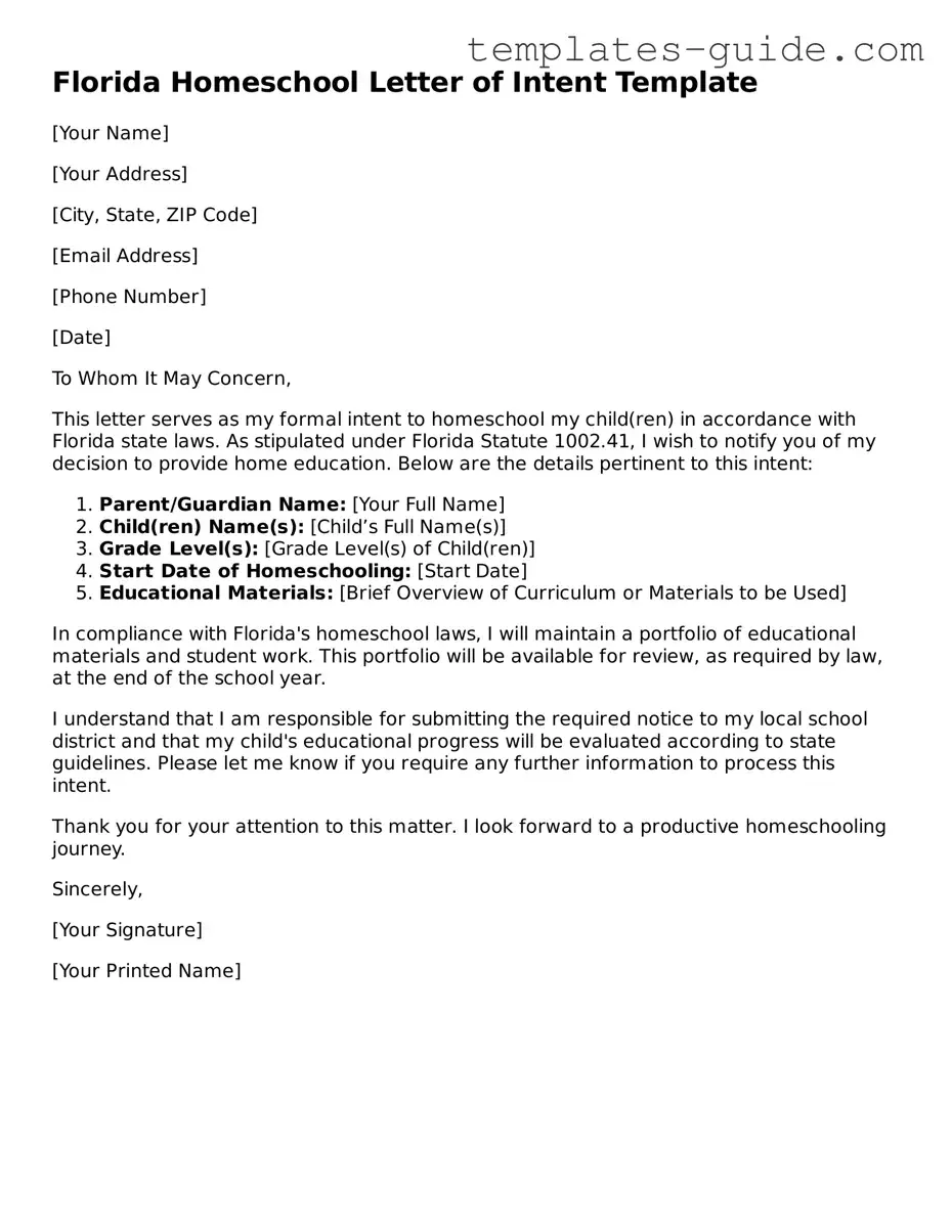 Free  Homeschool Letter of Intent Form for Florida