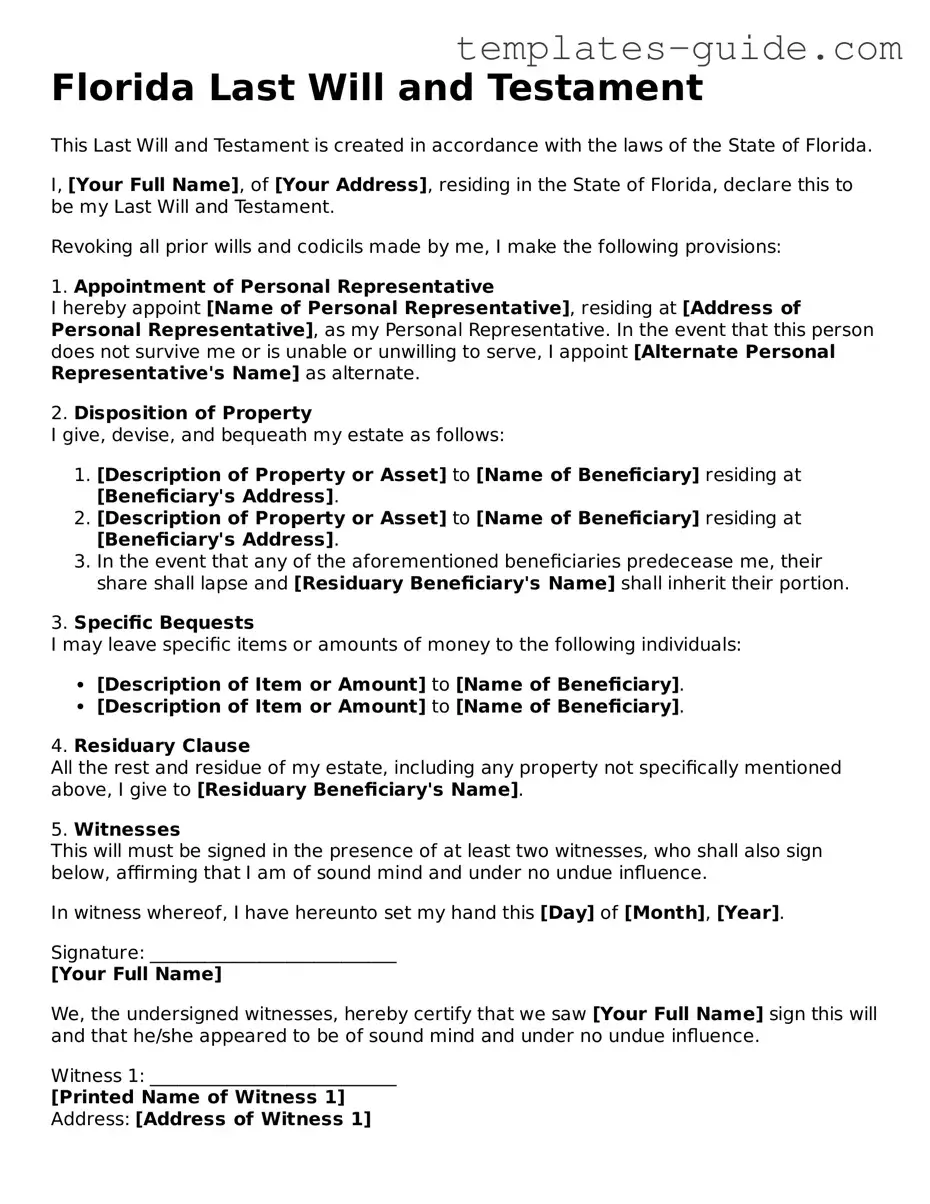 Free  Last Will and Testament Form for Florida