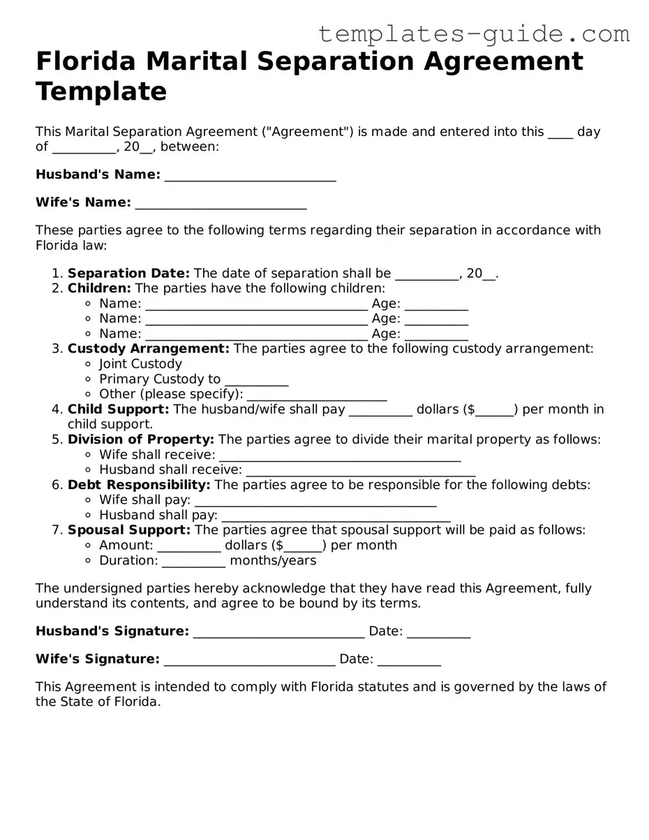 Free  Marital Separation Agreement Form for Florida