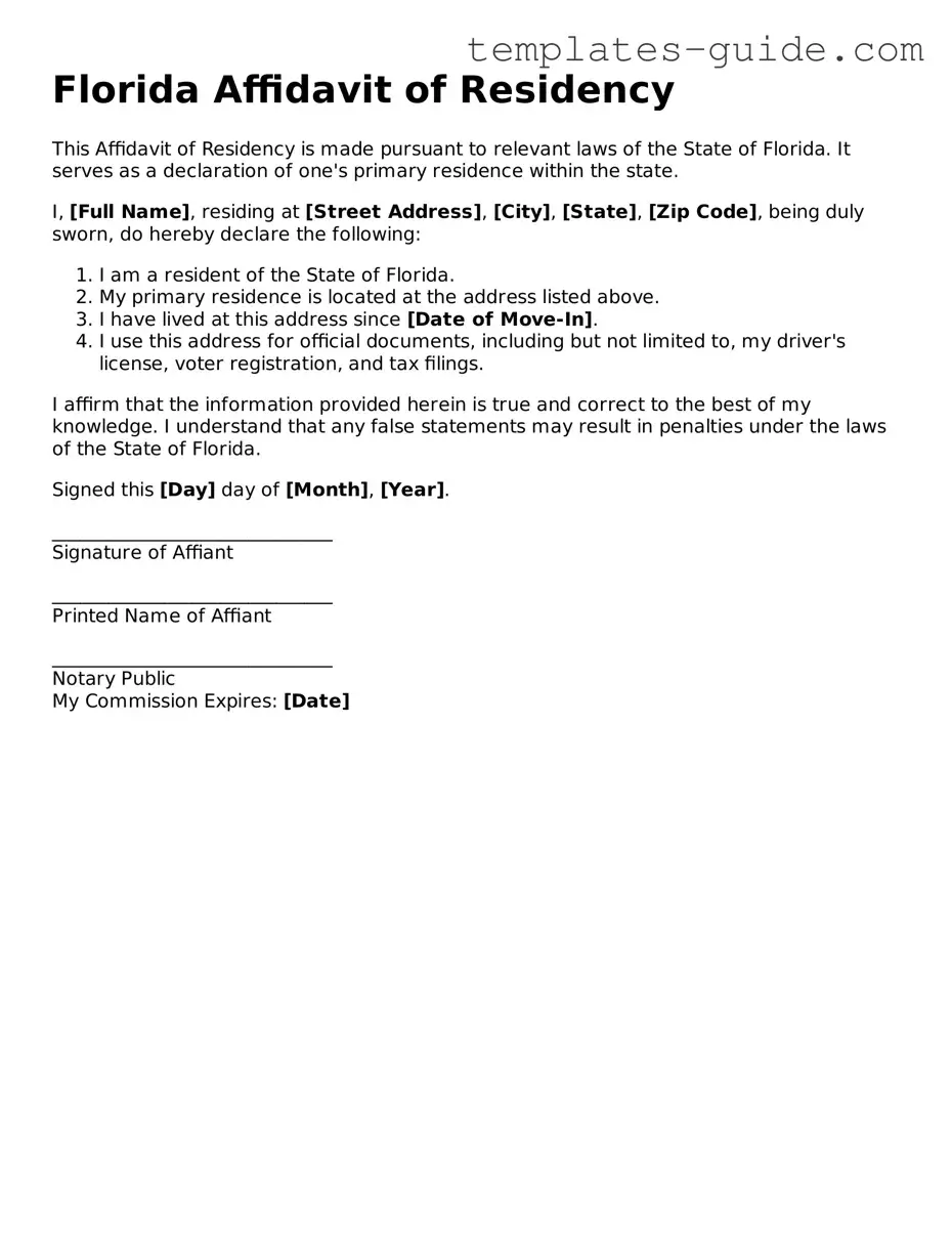 Free  Affidavit of Residency Form for Florida