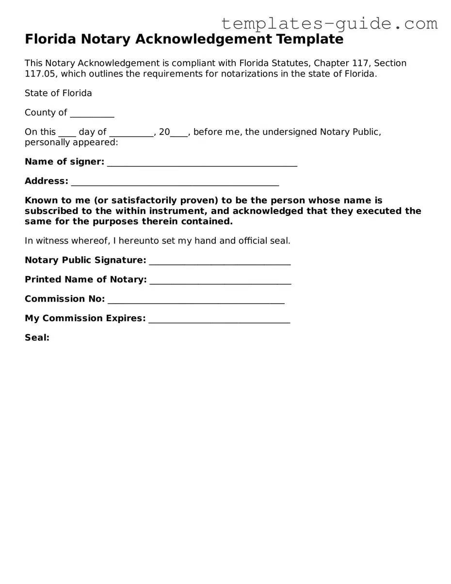 Free  Notary Acknowledgement Form for Florida