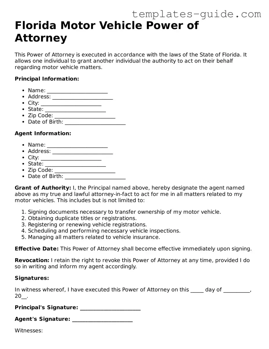 Free  Motor Vehicle Power of Attorney Form for Florida