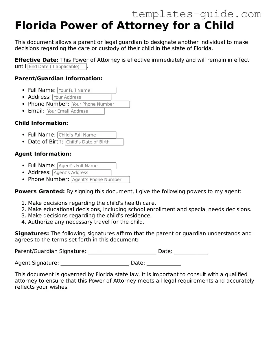 Free  Power of Attorney for a Child Form for Florida
