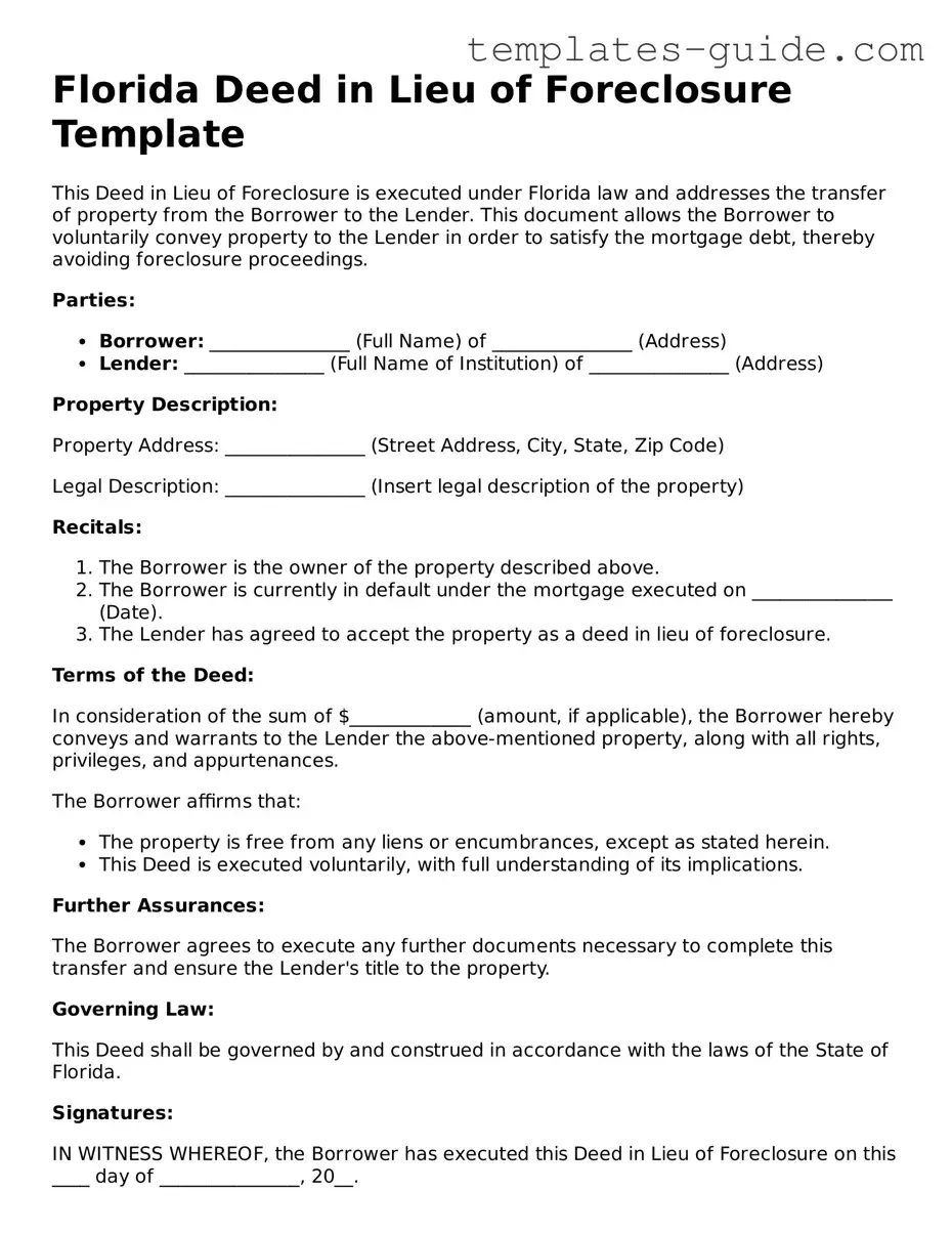 Free  Deed in Lieu of Foreclosure Form for Florida