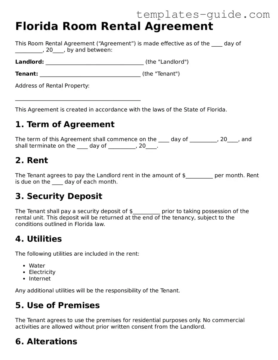 Free  Room Rental Agreement Form for Florida