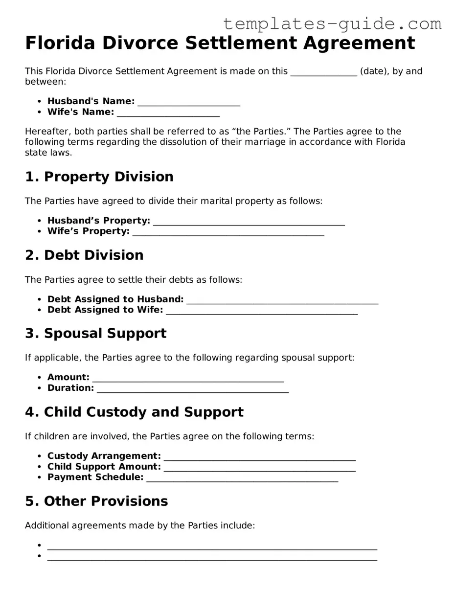 Free  Divorce Settlement Agreement Form for Florida